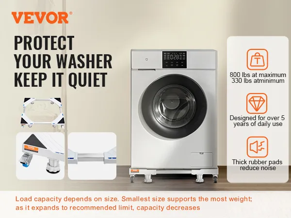VEVOR mini fridge stand supporting washer with rubber pads, highlights load capacity and design durability.