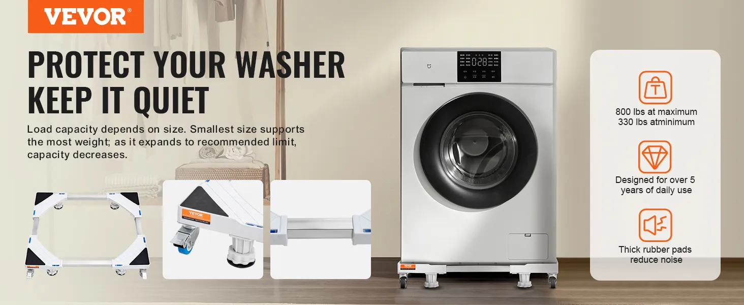 VEVOR mini fridge stand supporting washer with rubber pads, highlights load capacity and design durability.