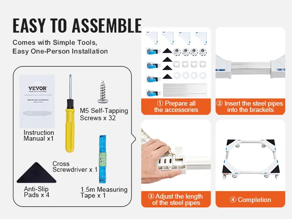 easy assembly steps for VEVOR mini fridge stand, includes accessories, anti-slip pads, and screwdriver.
