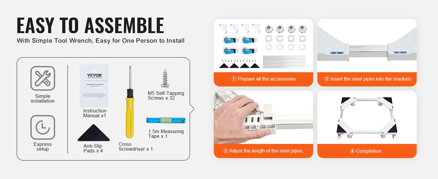 easy assembly steps for VEVOR mini fridge stand, includes accessories, anti-slip pads, and screwdriver.