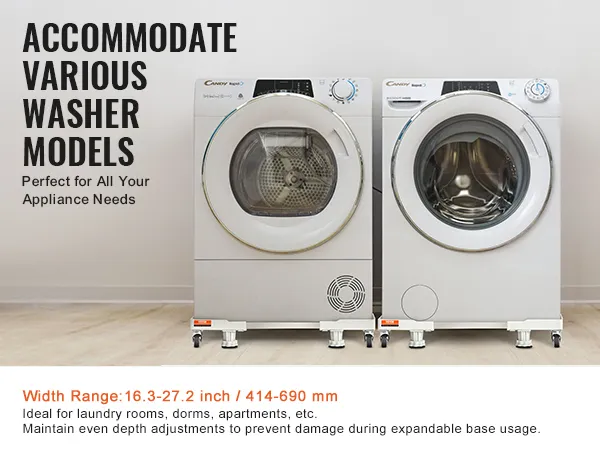 two washers on adjustable VEVOR mini fridge stand with width range and height settings for various models.