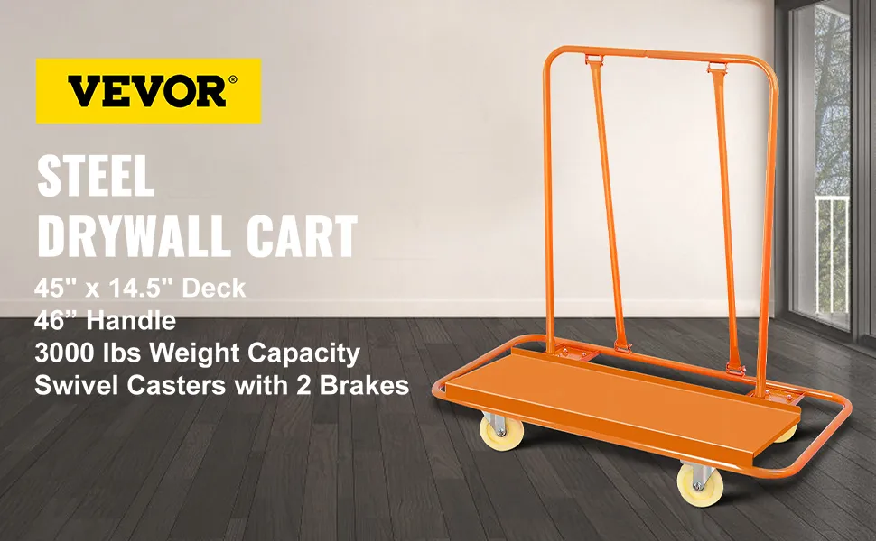 VEVOR drywall cart with 45x14.5" deck, 46" handle, and 3000lbs capacity.