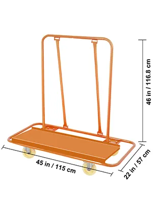 orange VEVOR drywall cart with dimensions: 45 in x 22 in x 46 in.
