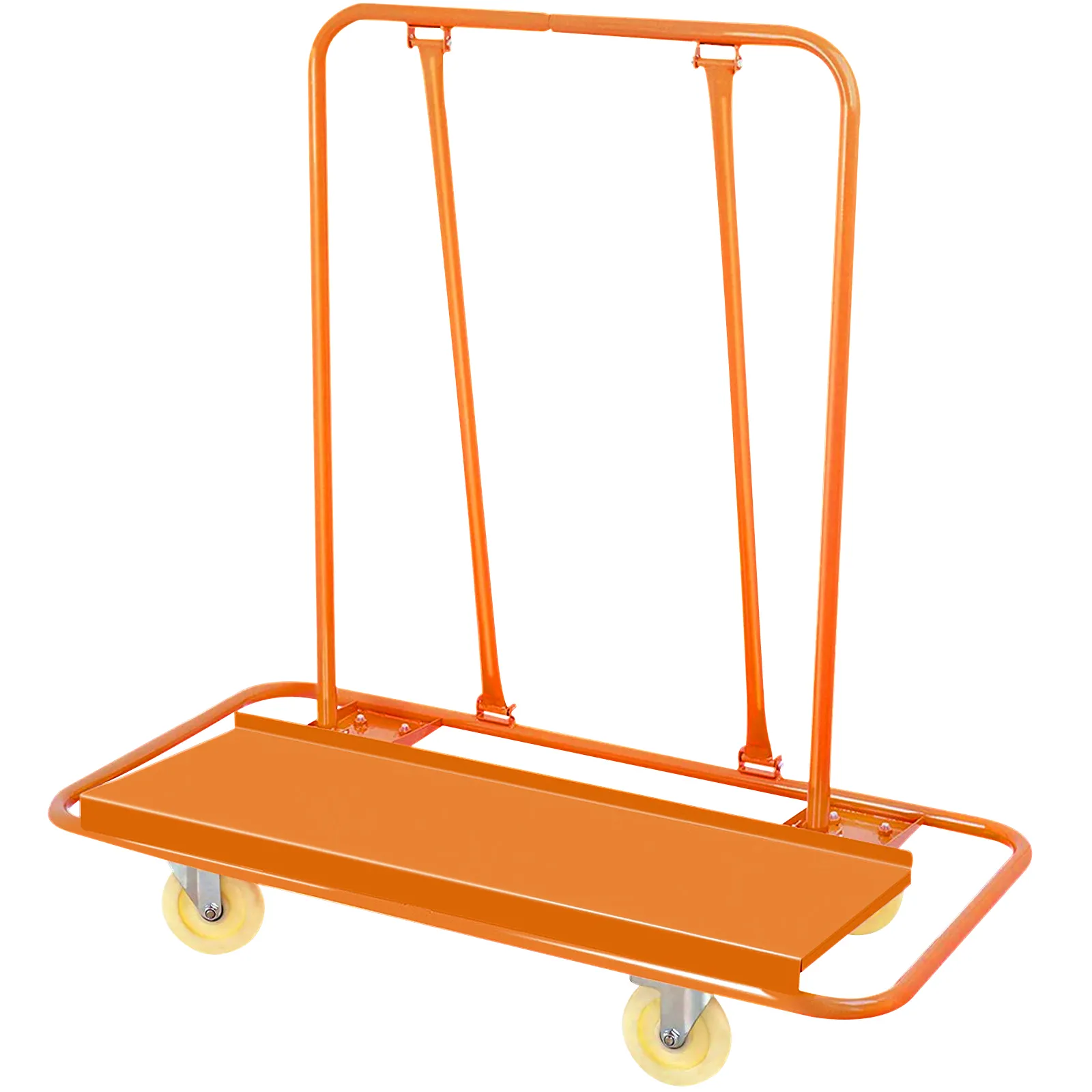 orange VEVOR drywall cart with four wheels and sturdy frame for transporting materials.