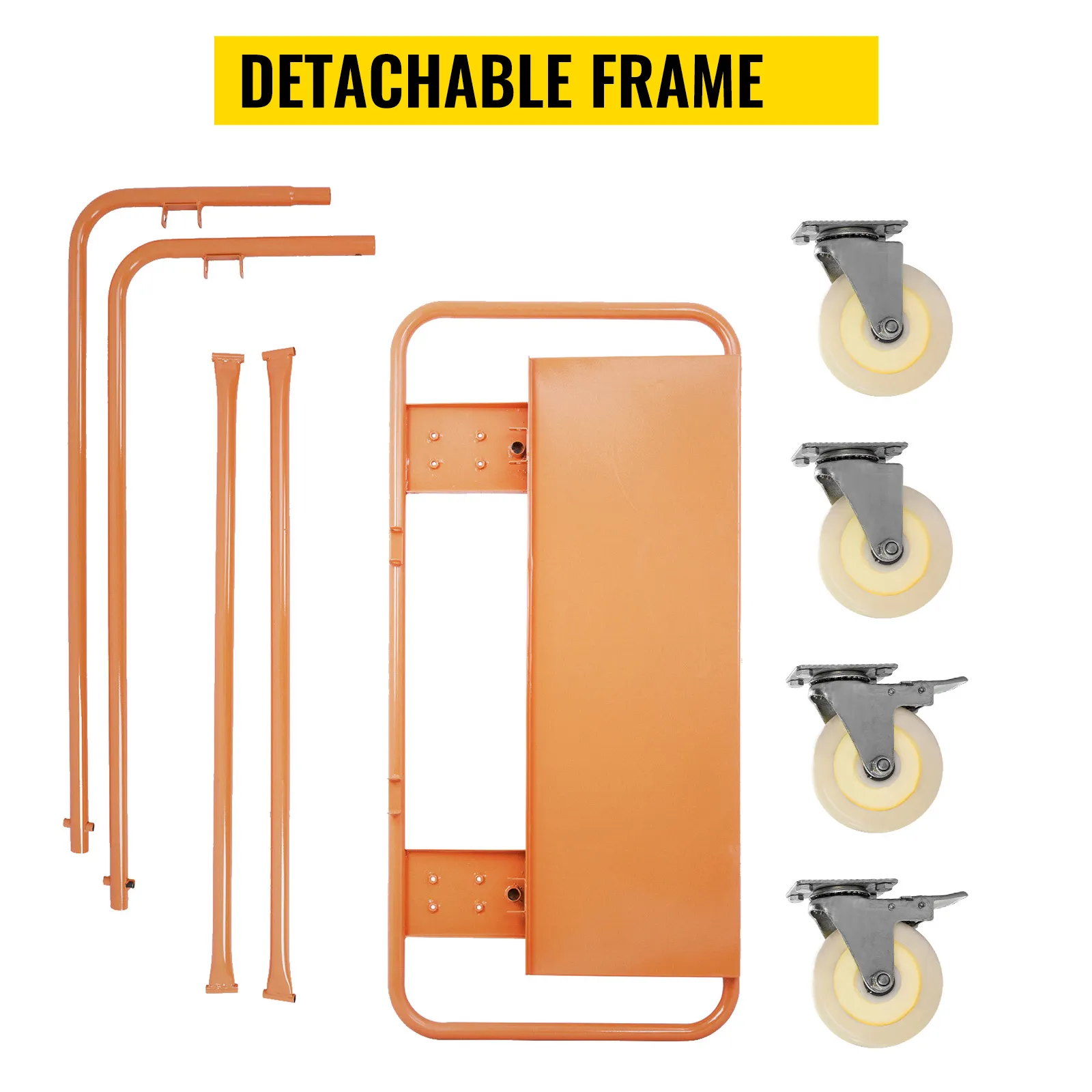 VEVOR drywall cart with detachable frame and four caster wheels laid out.