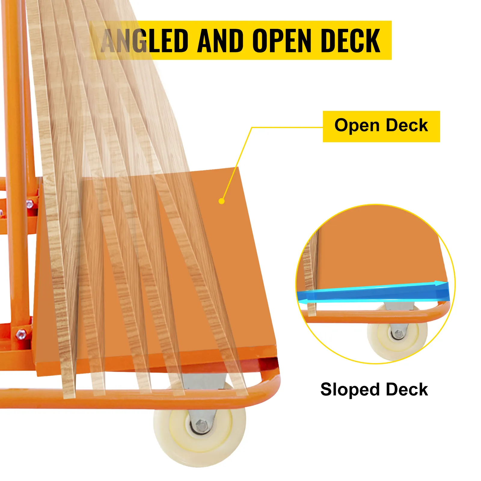 VEVOR drywall cart with angled and open deck features and sloped deck for easy loading.
