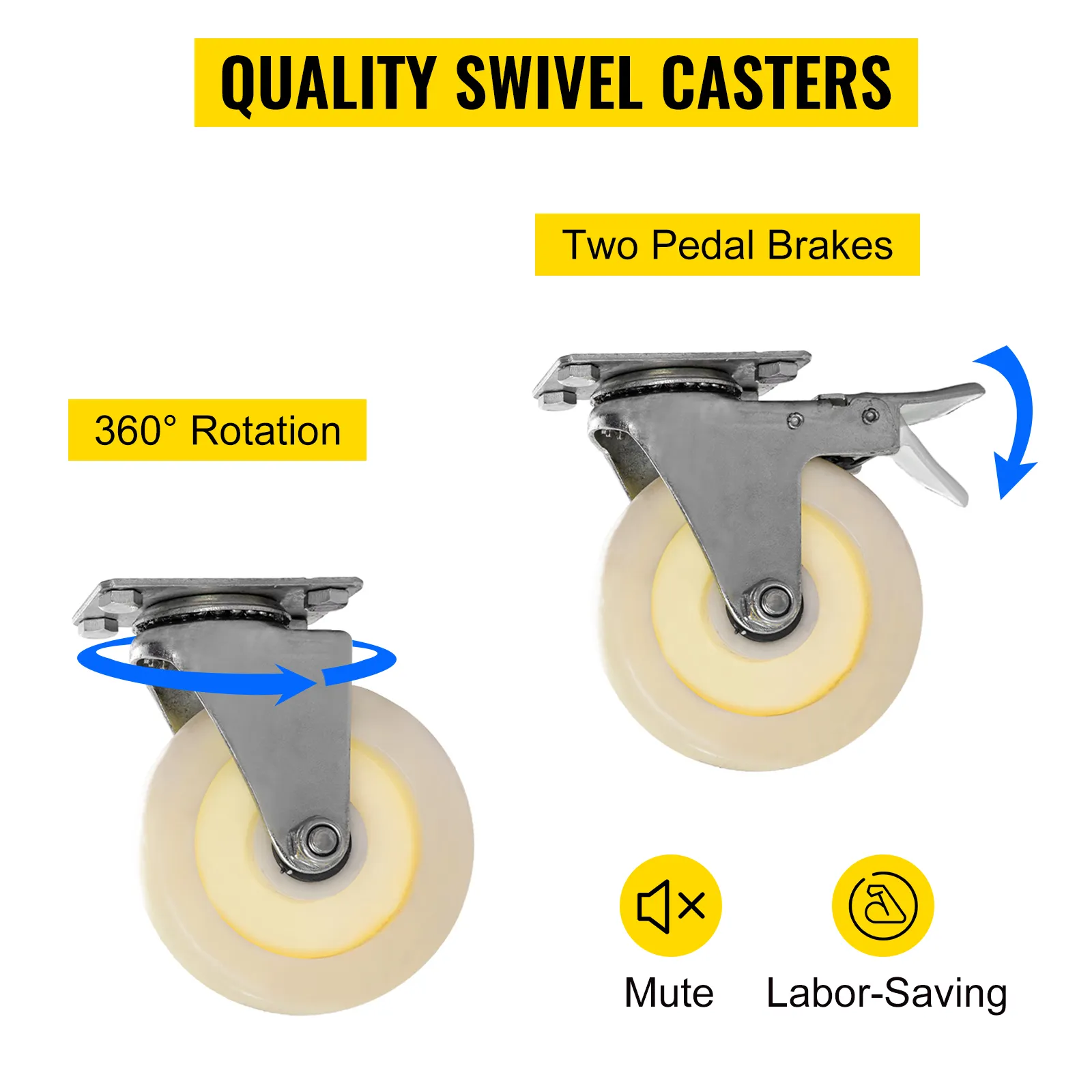 VEVOR drywall cart swivel casters with 360° rotation, two pedal brakes, mute, labor-saving.