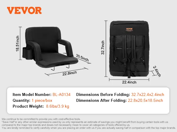 VEVOR stadium seat, bl-a0134, 8.6lbs, folds to 22.8x20.5x18.5 inches, cup holder, backpack straps, black.