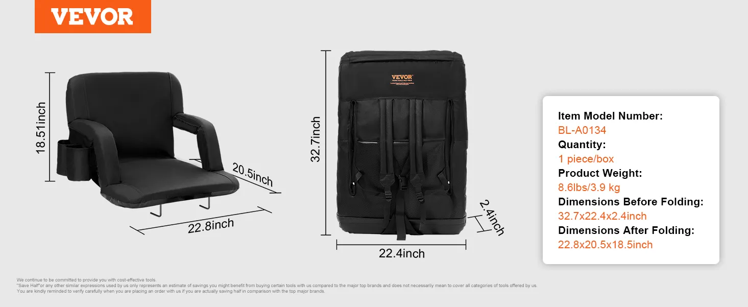 VEVOR stadium seat, bl-a0134, 8.6lbs, folds to 22.8x20.5x18.5 inches, cup holder, backpack straps, black.