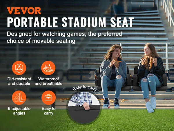 VEVOR portable stadium seat with 6 adjustable angles, waterproof, dirt-resistant, and easy to carry.