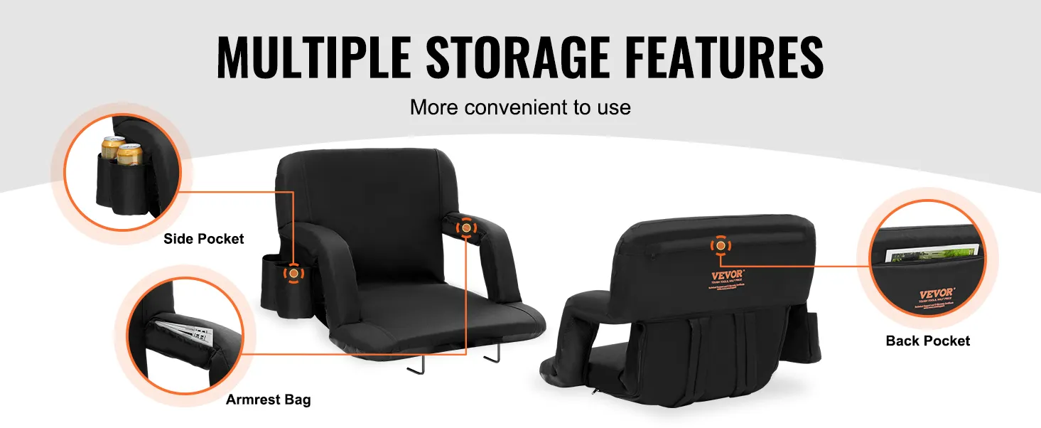 VEVOR stadium seat with side pocket, armrest bag, and back pocket for convenient storage.