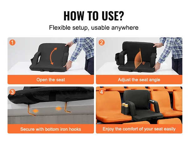 how to use VEVOR stadium seat: open the seat, adjust the angle, secure with hooks, enjoy comfort.