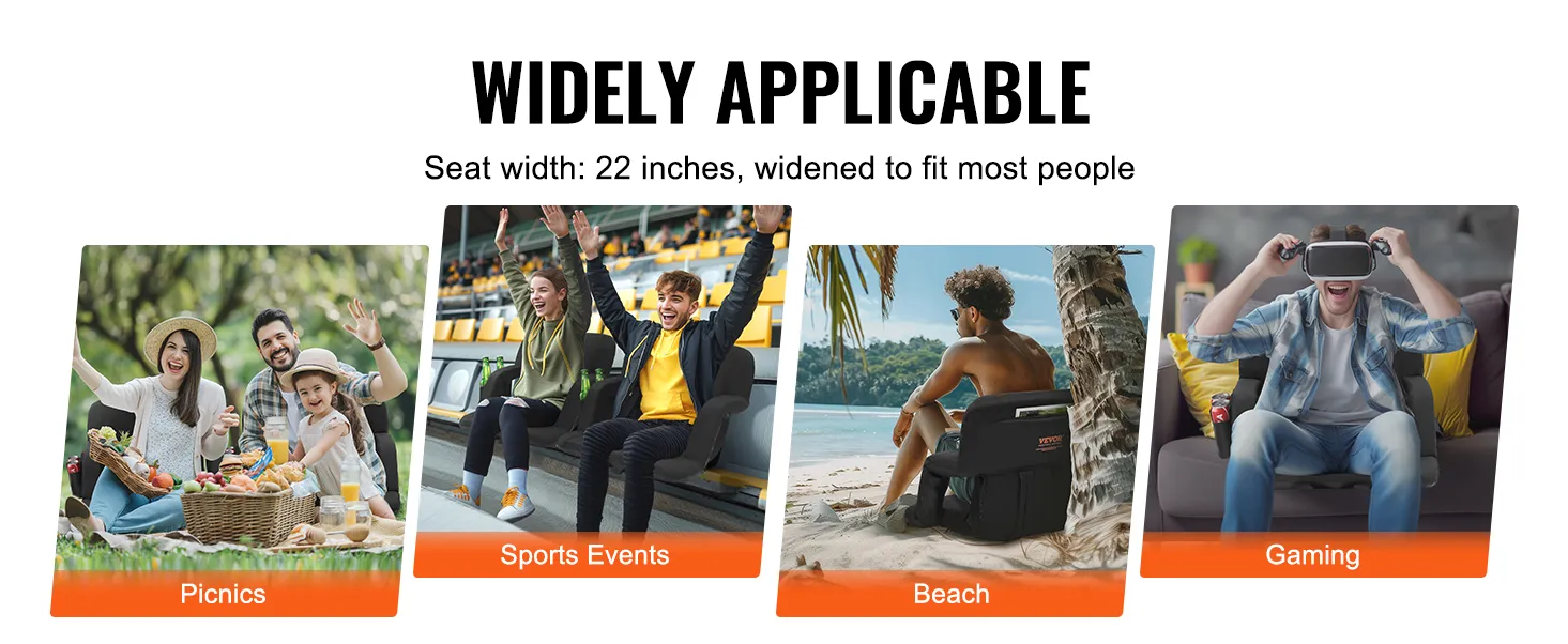 VEVOR stadium seat: ideal for picnics, sports events, beach, and gaming, with 22-inch widened seat.