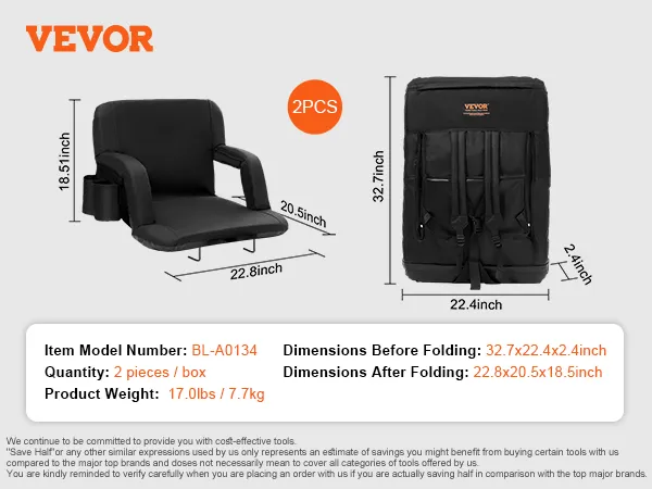 VEVOR stadium seat with armrests, cup holder, and backpack; product details and dimensions shown.