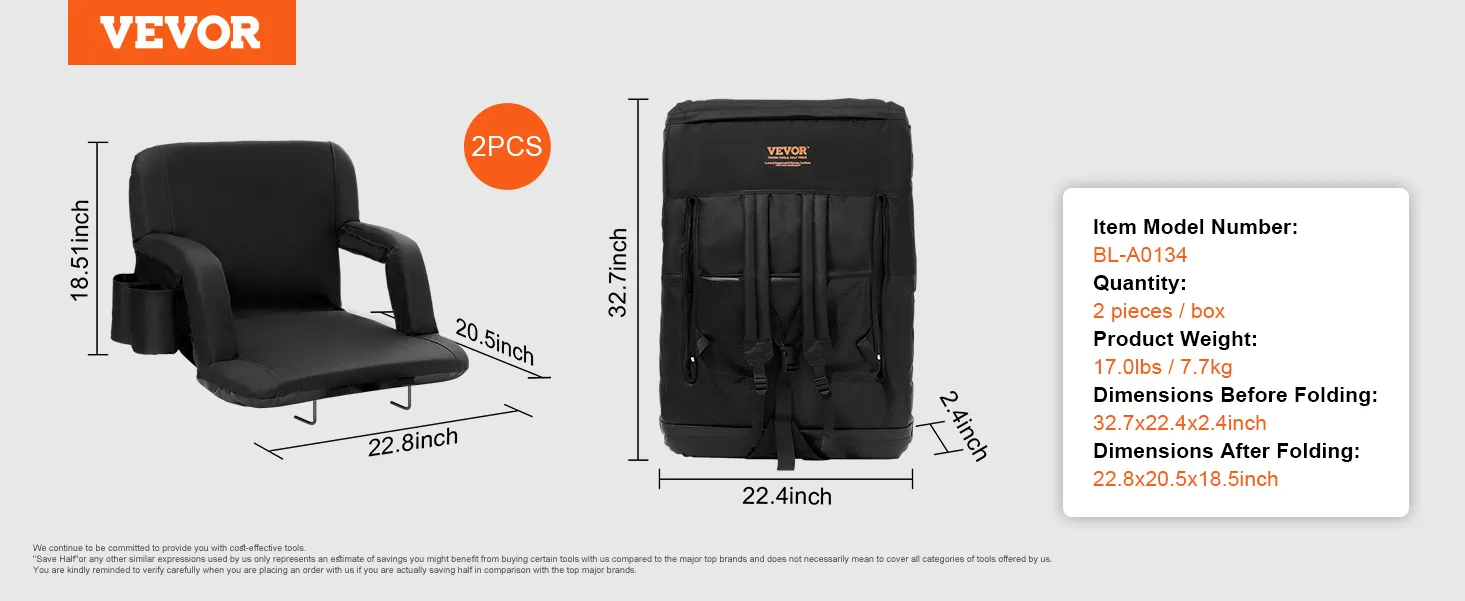 VEVOR stadium seat with armrests, cup holder, and backpack; product details and dimensions shown.