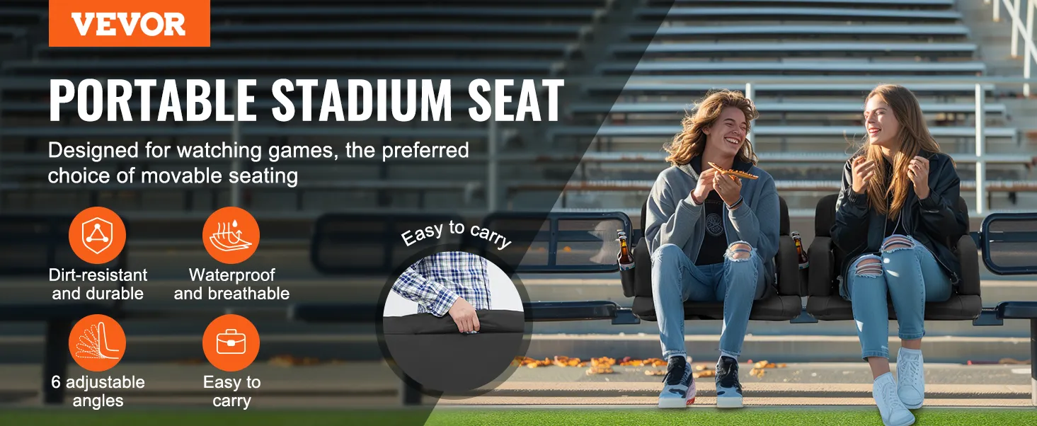 VEVOR stadium seat, dirt-resistant, waterproof, adjustable angles, easy to carry, ideal for game watching.