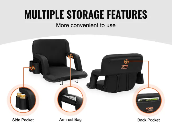 VEVOR stadium seat with side pocket, armrest bag, and back pocket for multiple storage features.