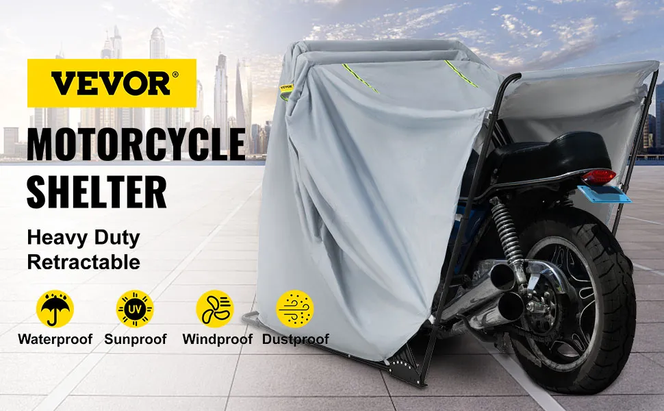 VEVOR motorcycle shelter, heavy duty retractable cover for weather protection.