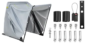 VEVOR motorcycle shelter with frame, bolts, padlock, and installation parts.
