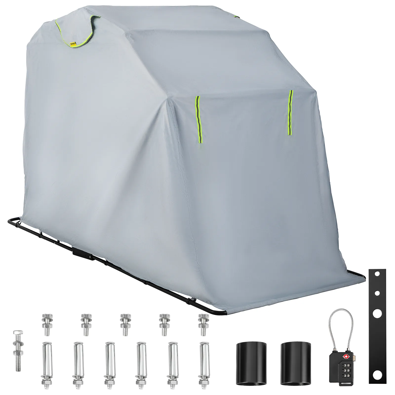 VEVOR motorcycle shelter with metal frame and protective cover, includes bolts and lock.