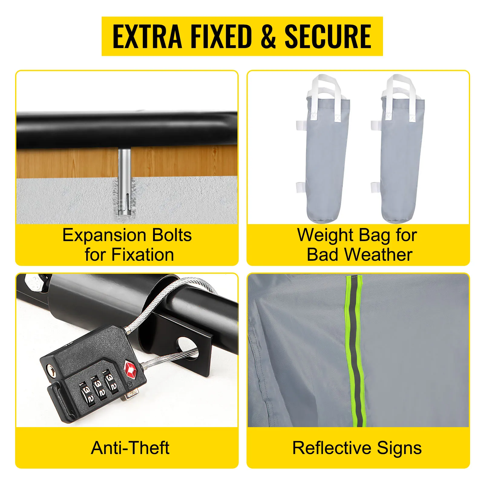 VEVOR motorcycle shelter: secure expansion bolts, weighted bags, anti-theft lock, reflective signs.