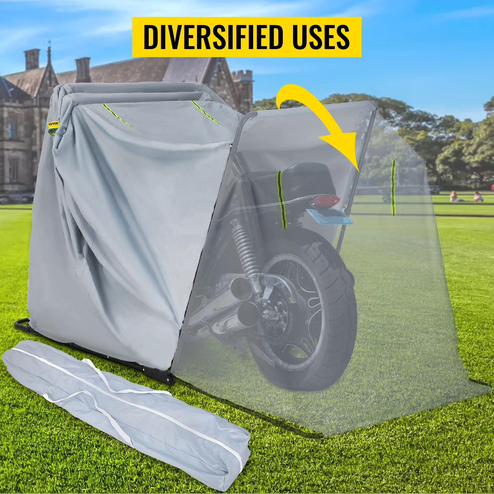VEVOR motorcycle shelter with a bike inside on a grassy lawn, showcasing diversified uses.