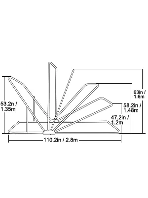 Diagrama de dimensiones del refugio para motocicletas VEVOR con ángulos de vista lateral y medidas.