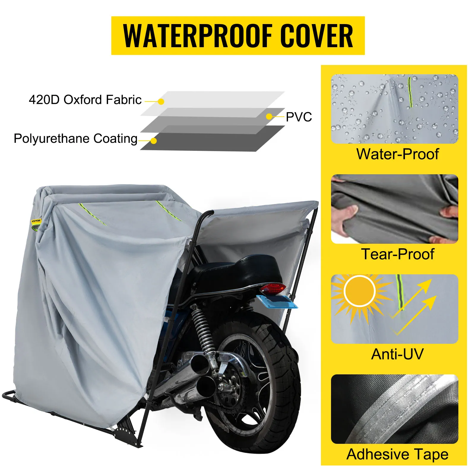 Refugio para motocicletas VEVOR con cubierta impermeable, resistente al desgarro, anti-UV y cinta adhesiva.