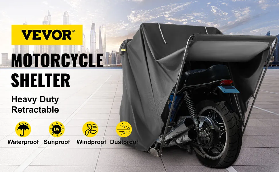 VEVOR motorcycle shelter showcasing heavy duty, retractable, waterproof cover.