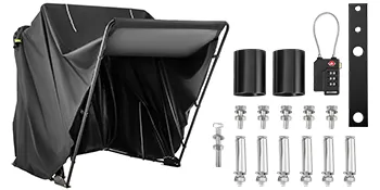 VEVOR motorcycle shelter, black cover, hardware kit, bolts, and lock.