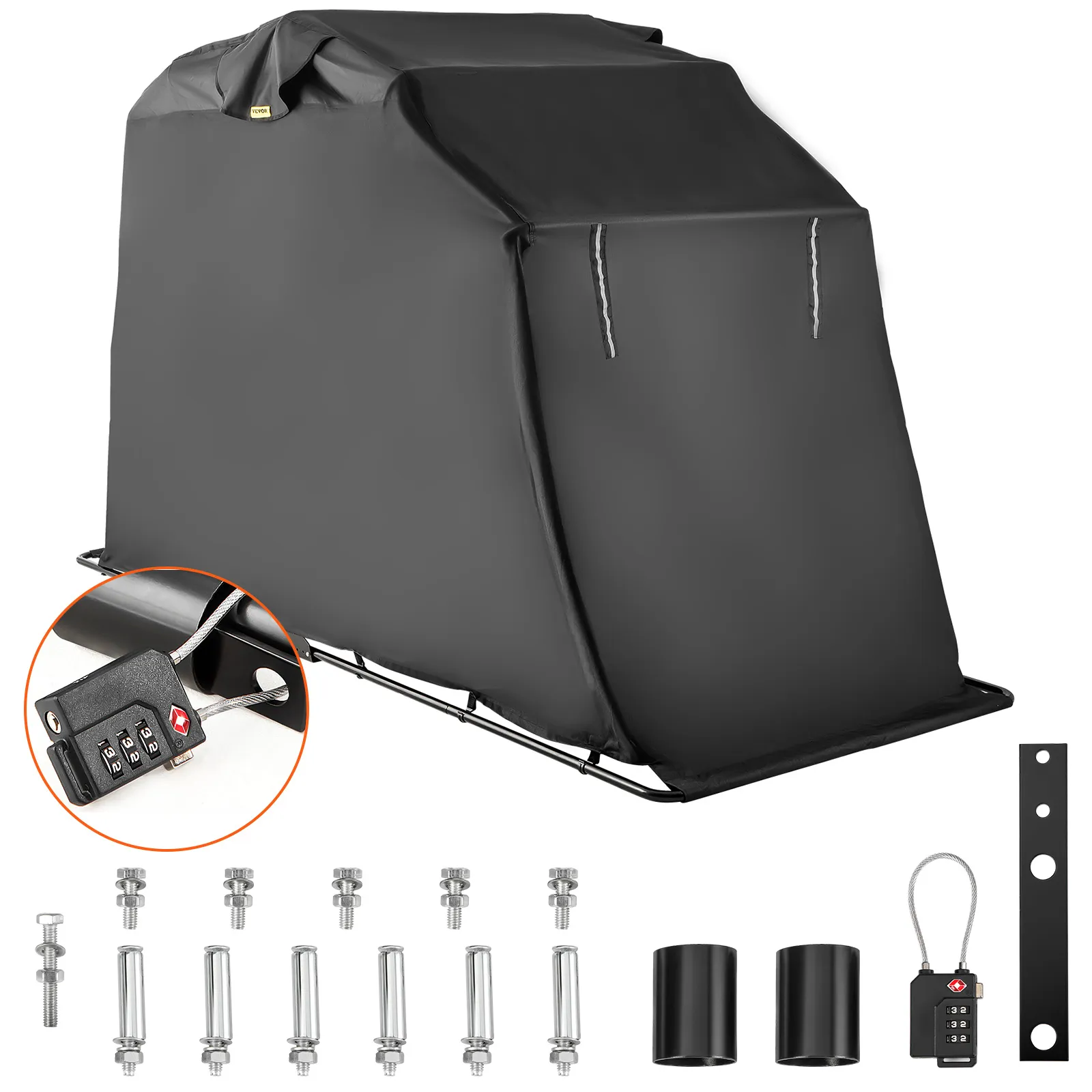 VEVOR motorcycle shelter with lock and mounting hardware included.