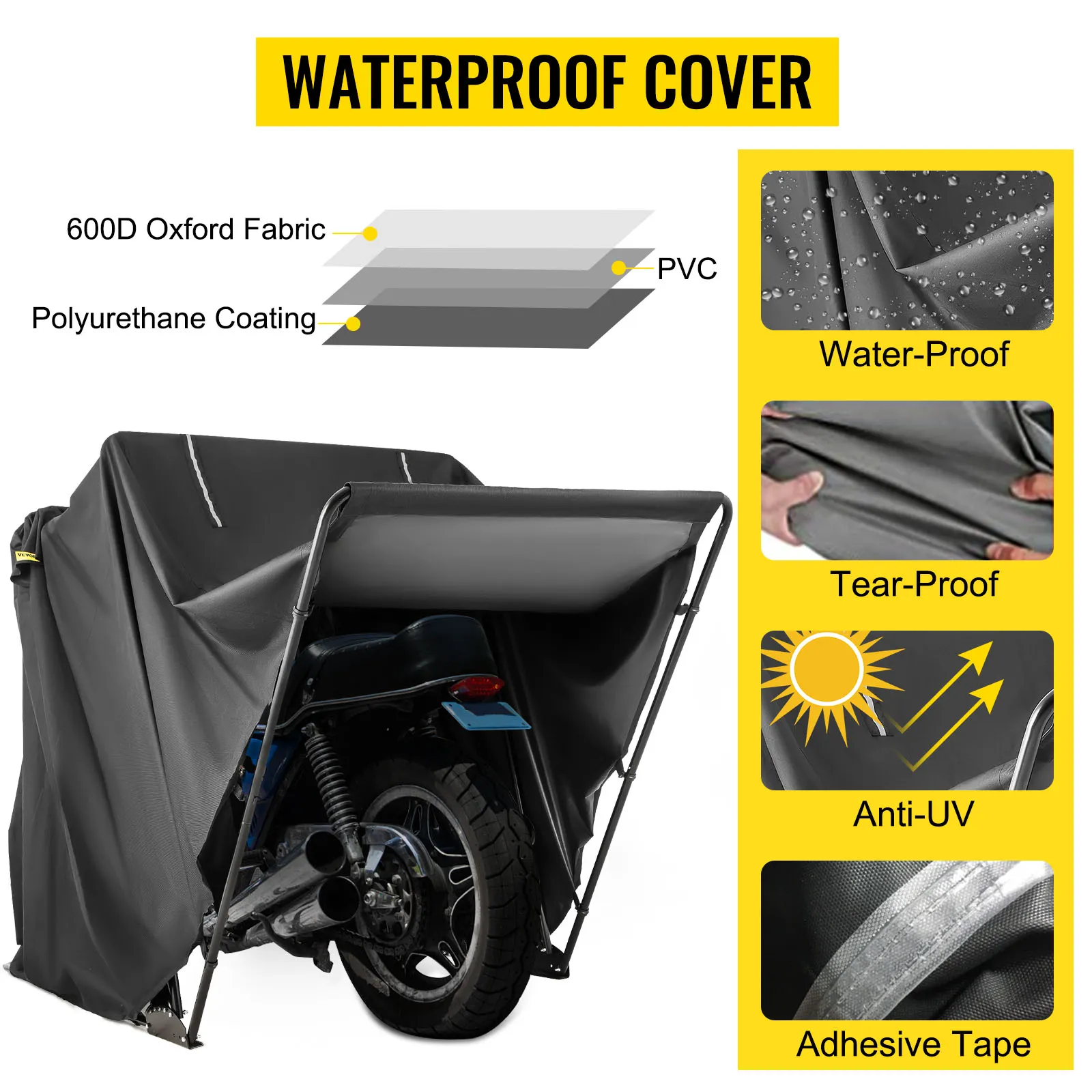 VEVOR motorcycle shelter with waterproof, tear-proof, anti-uv cover made of 600d fabric.