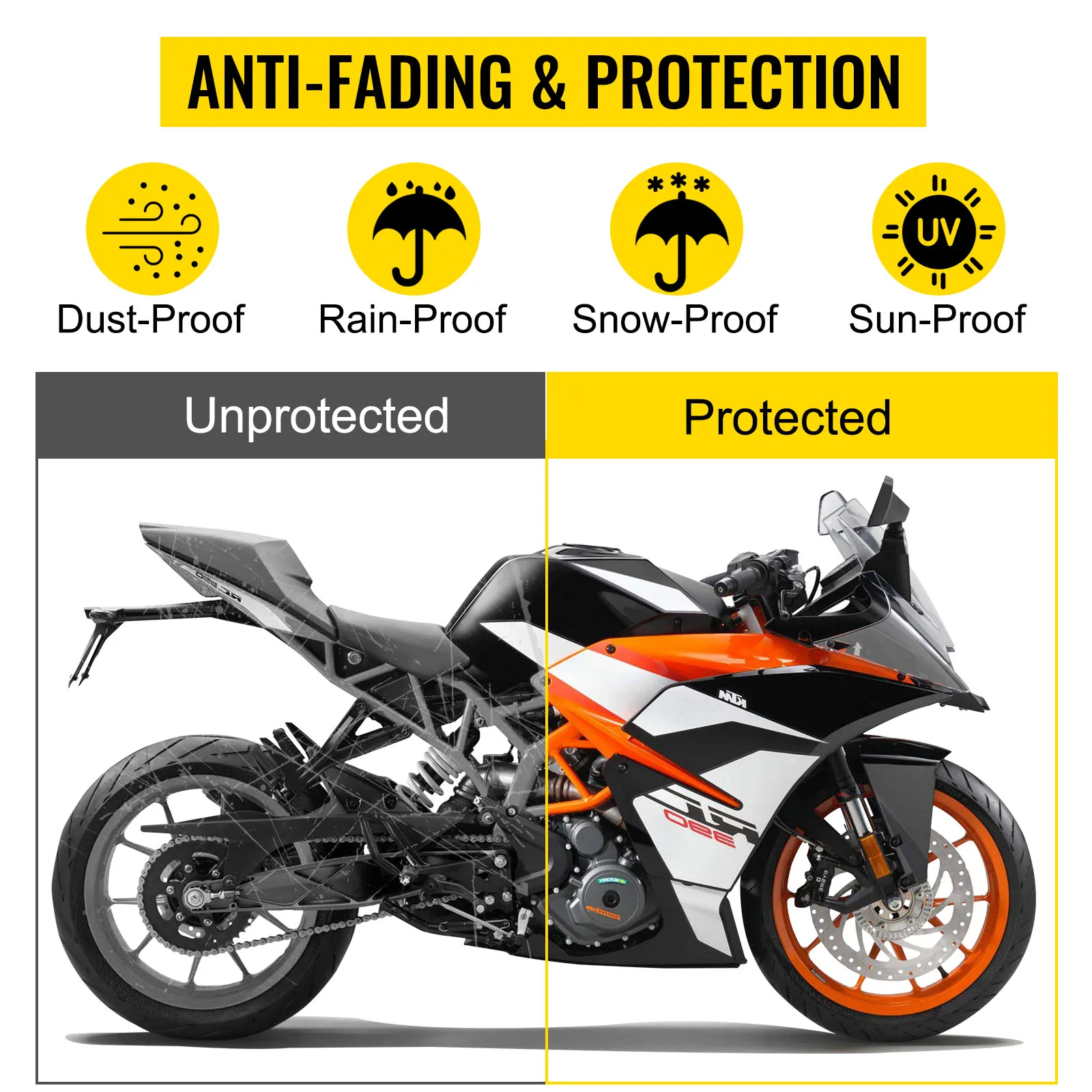 VEVOR motorcycle shelter showcasing dust, rain, snow, and sun-proof protection for bikes.