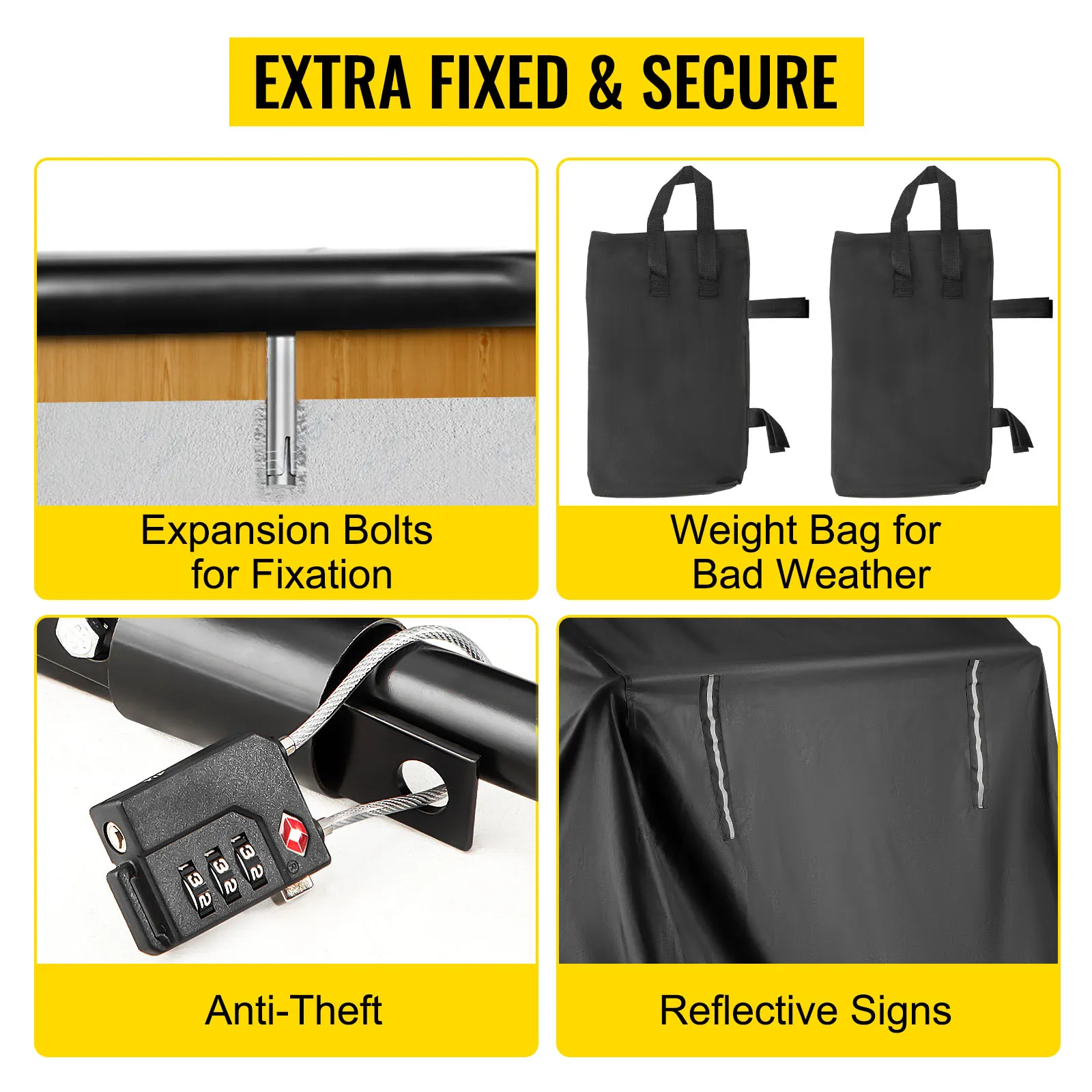 VEVOR motorcycle shelter features: fixation bolts, anti-theft lock, weather weight bag, reflective signs.