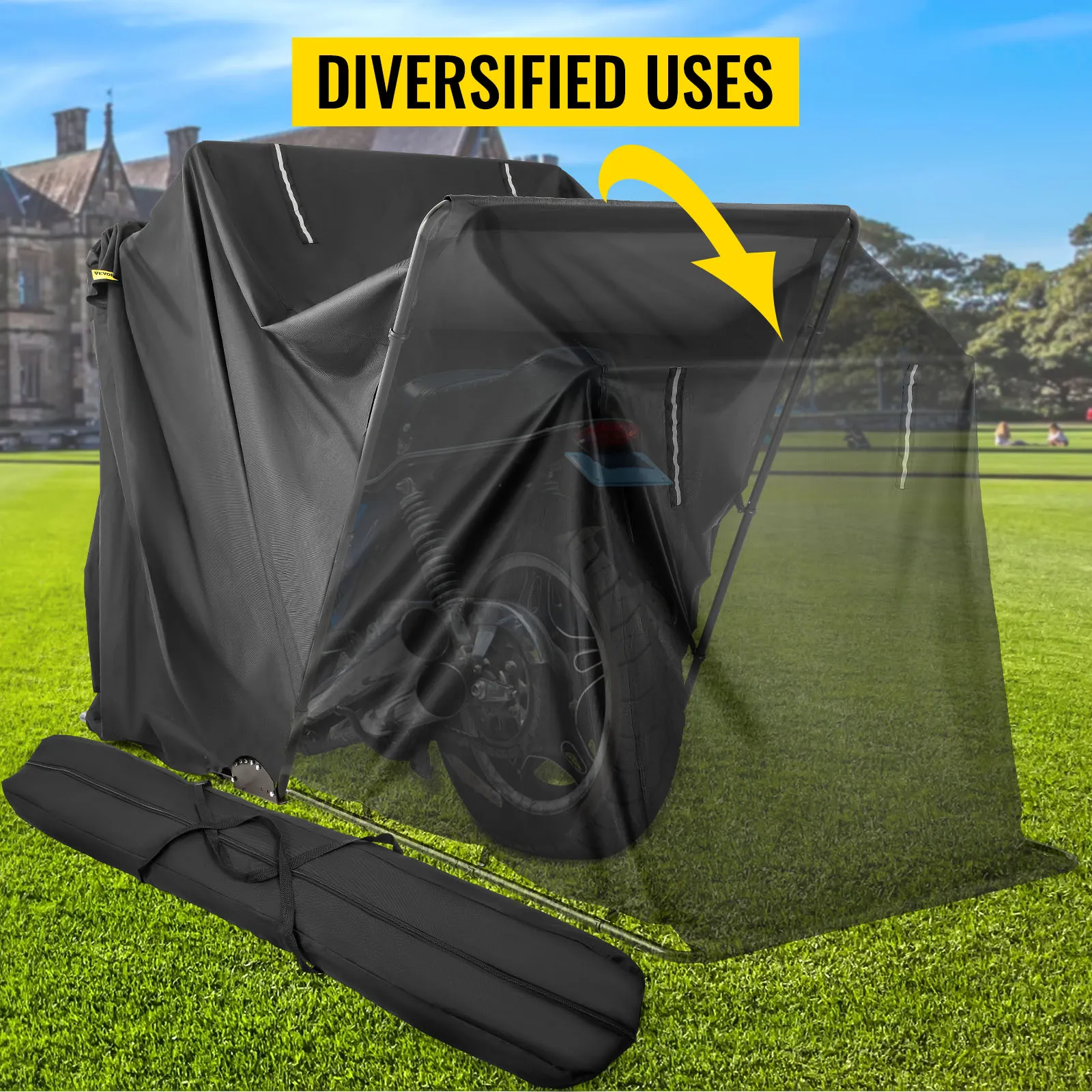 VEVOR motorcycle shelter on a lawn with a yellow "diversified uses" sign.