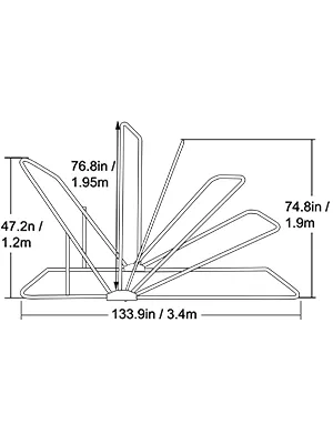 Schemat wymiarów schronienia motocyklowego VEVOR, 133,9 x 47,2 x 76,8 cala po pełnym rozłożeniu.