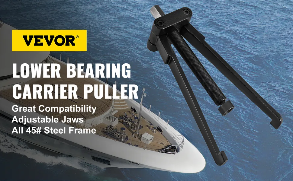 VEVOR marine bearing puller with adjustable jaws and steel frame over ocean background.