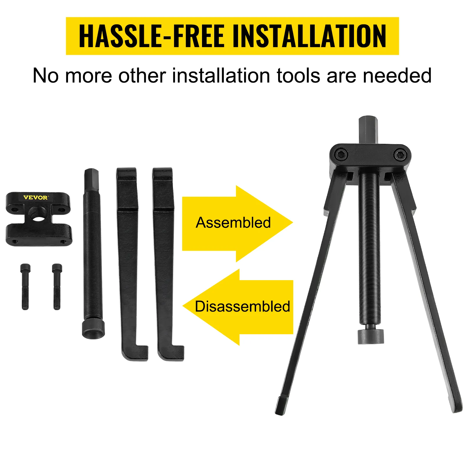 VEVOR marine bearing puller with tools shown, highlighting easy assembly. hassle-free installation.