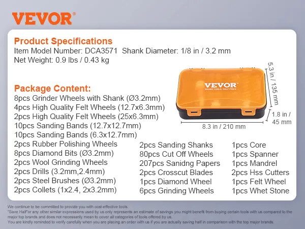 VEVOR rotary tool accessory kit with grinding wheels, sanding bands, felt wheels, and more in a case.