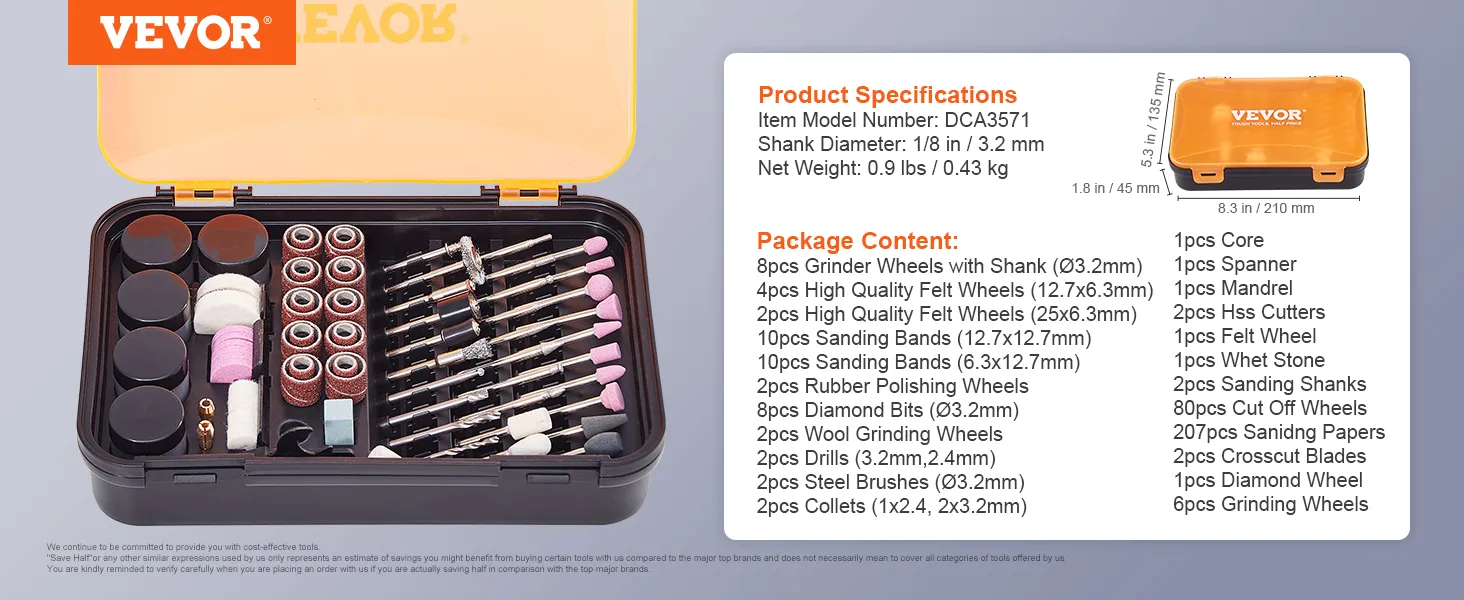 VEVOR rotary tool accessory kit with grinding wheels, sanding bands, felt wheels, and more in a case.
