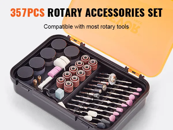 357pcs VEVOR rotary tool accessory kit with sanding paper, diamond bits, grinder wheels, and more.