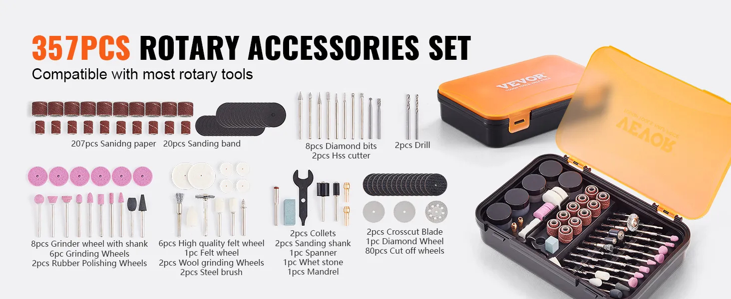 357pcs VEVOR rotary tool accessory kit with sanding paper, diamond bits, grinder wheels, and more.