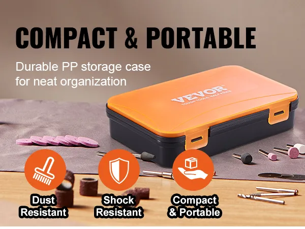 compact VEVOR rotary tool accessory kit in an orange durable, dust and shock-resistant storage case.