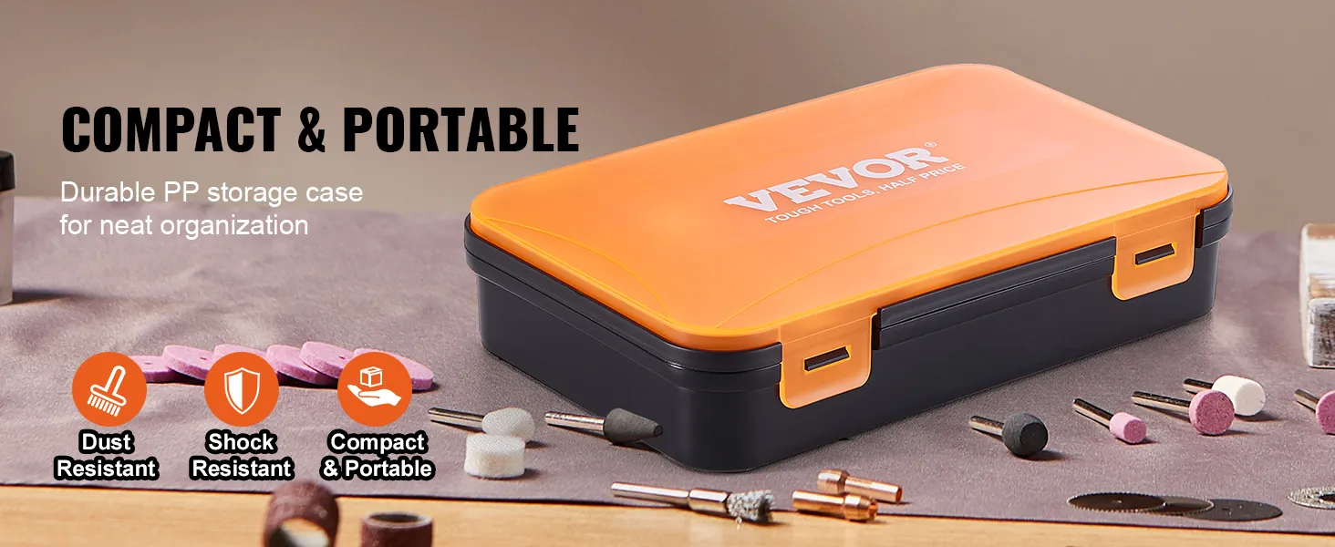 compact VEVOR rotary tool accessory kit in an orange durable, dust and shock-resistant storage case.