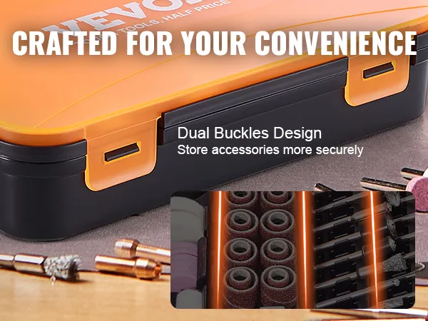 VEVOR rotary tool accessory kit in a secure case with dual buckles and partitioned storage.