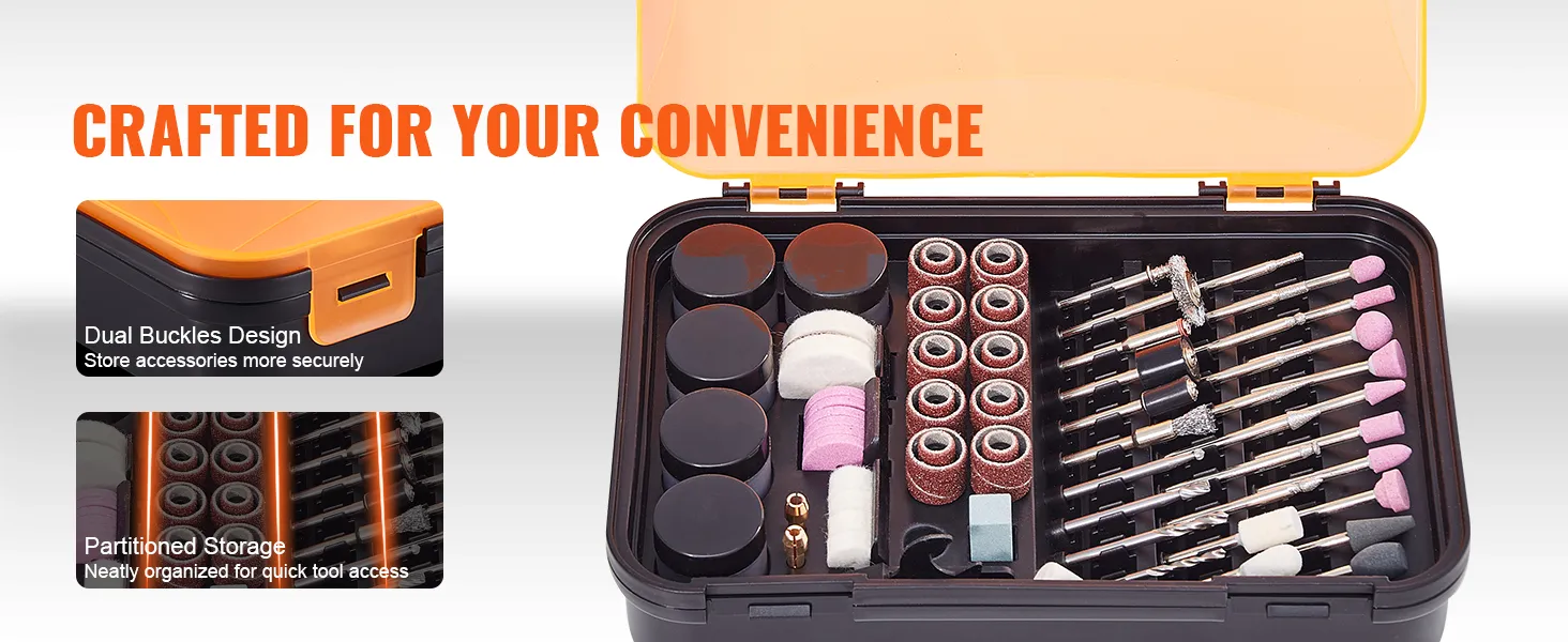 VEVOR rotary tool accessory kit in a secure case with dual buckles and partitioned storage.