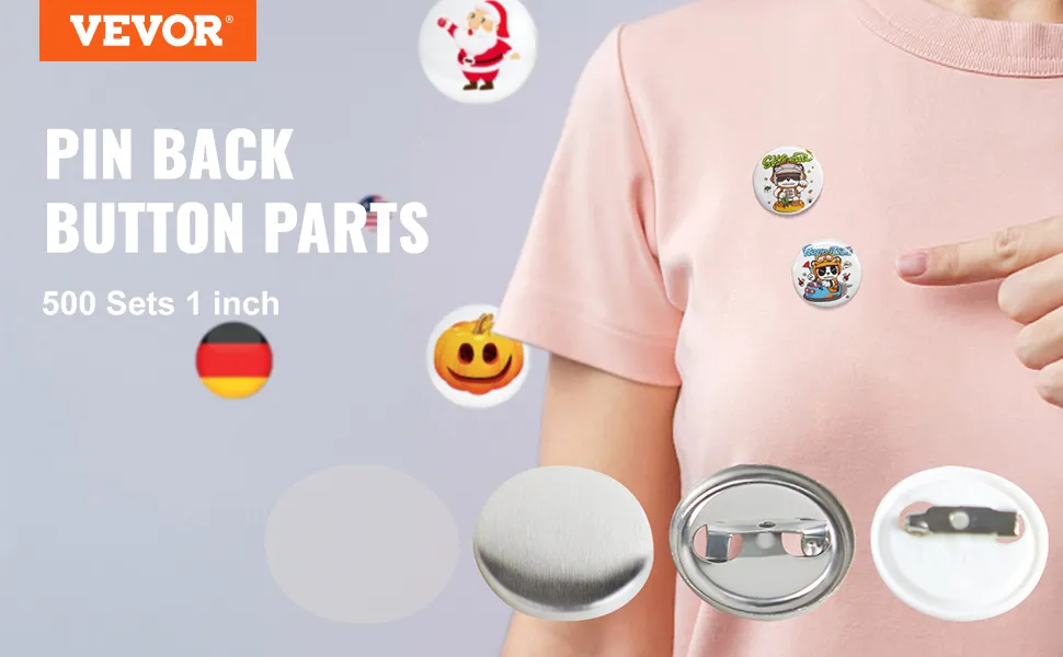 VEVOR button badge parts, 500 sets, 1-inch, pin-back buttons with designs on a pink shirt.