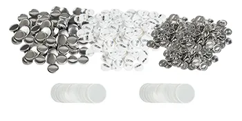 VEVOR button badge parts: mixed silver and white button components, featuring circular pin backs and plastic film.