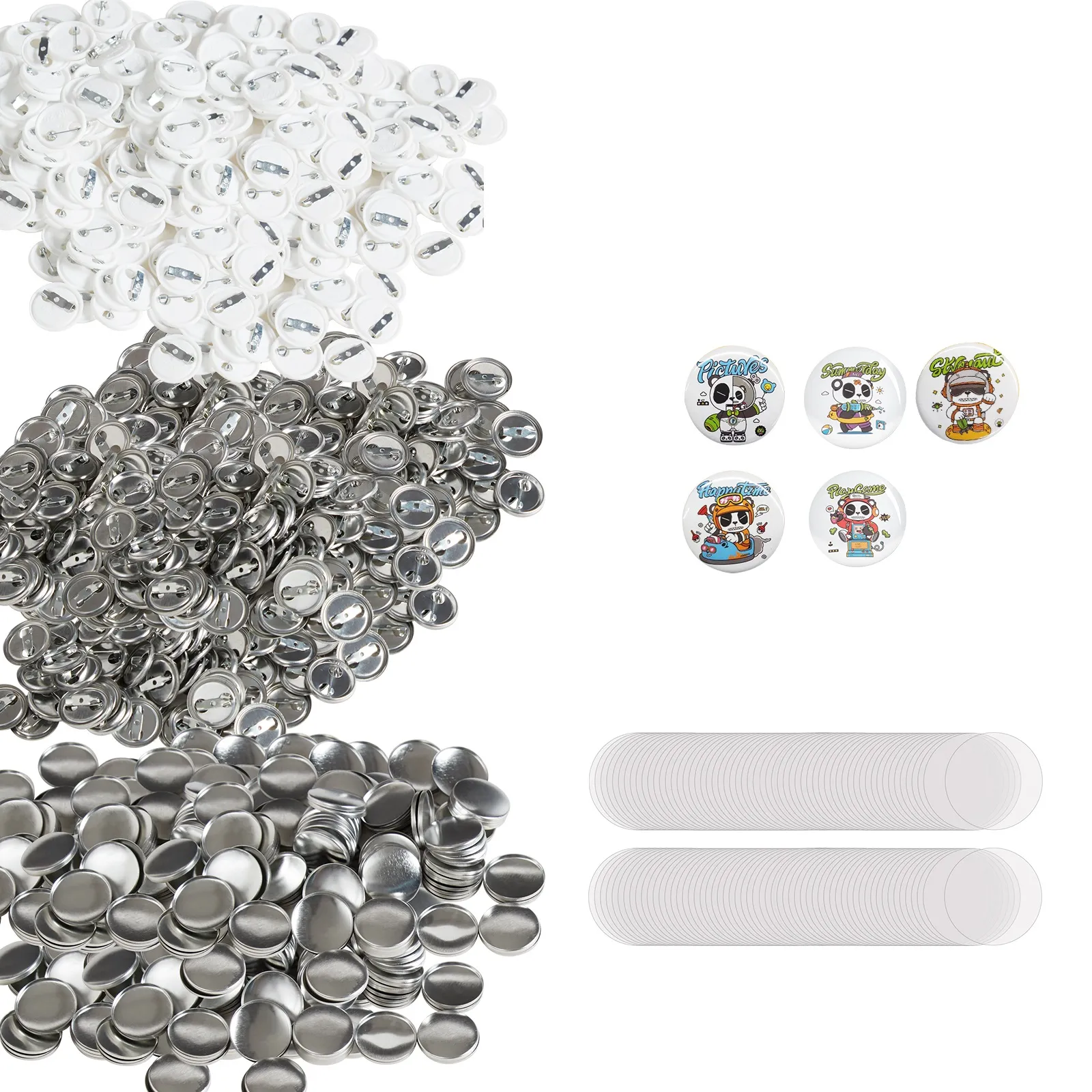 VEVOR button badge parts including metal and plastic backs, clear covers, and colorful finished badges.