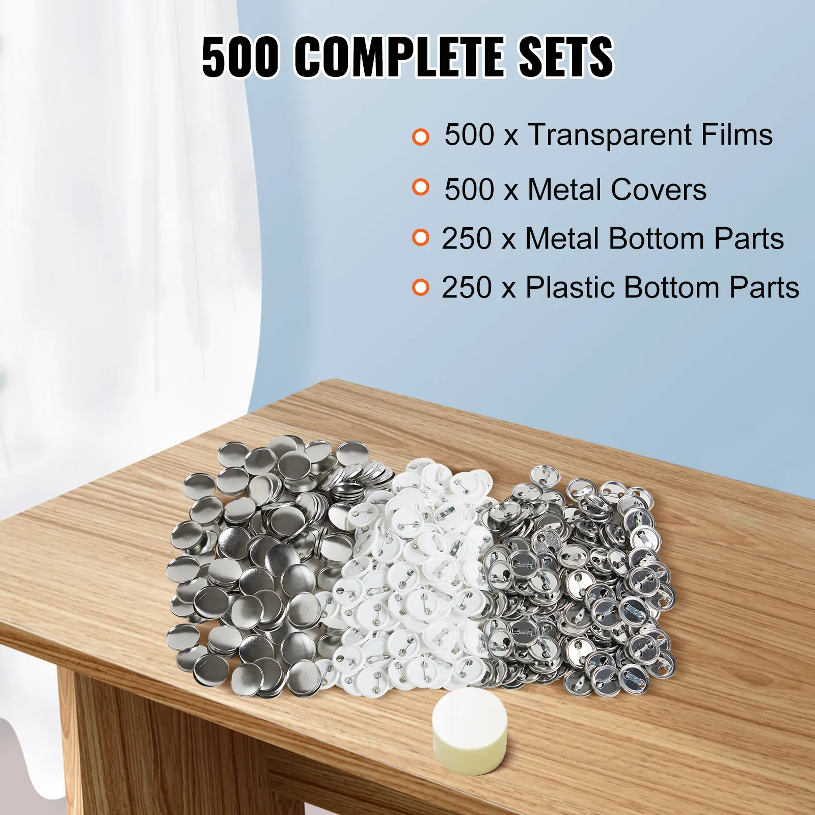 VEVOR button badge parts, 500 sets: transparent films, metal covers, and plastic and metal bottoms on a table.